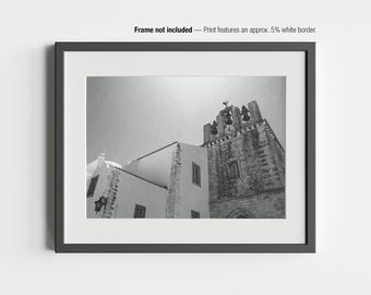 Faro Cathedral Bell Tower - Black and White Architecture Print | Minimalist Portugal Photography | Ancient Stone Wall Art | Historical Decor