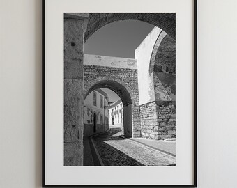 Faro Archway Print - Black and White Portugal Photography | Medieval Stone Architecture | Old Town Wall Art | Algarve Travel Decor
