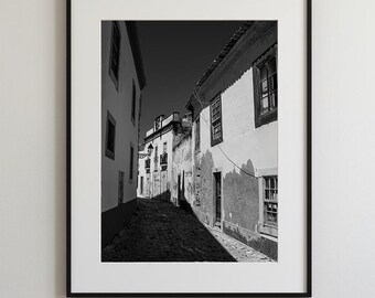 Faro Old Town Street - Black and White Portugal Photography | Rustic Cobblestone Print | European Architecture Wall Art | Algarve Travel