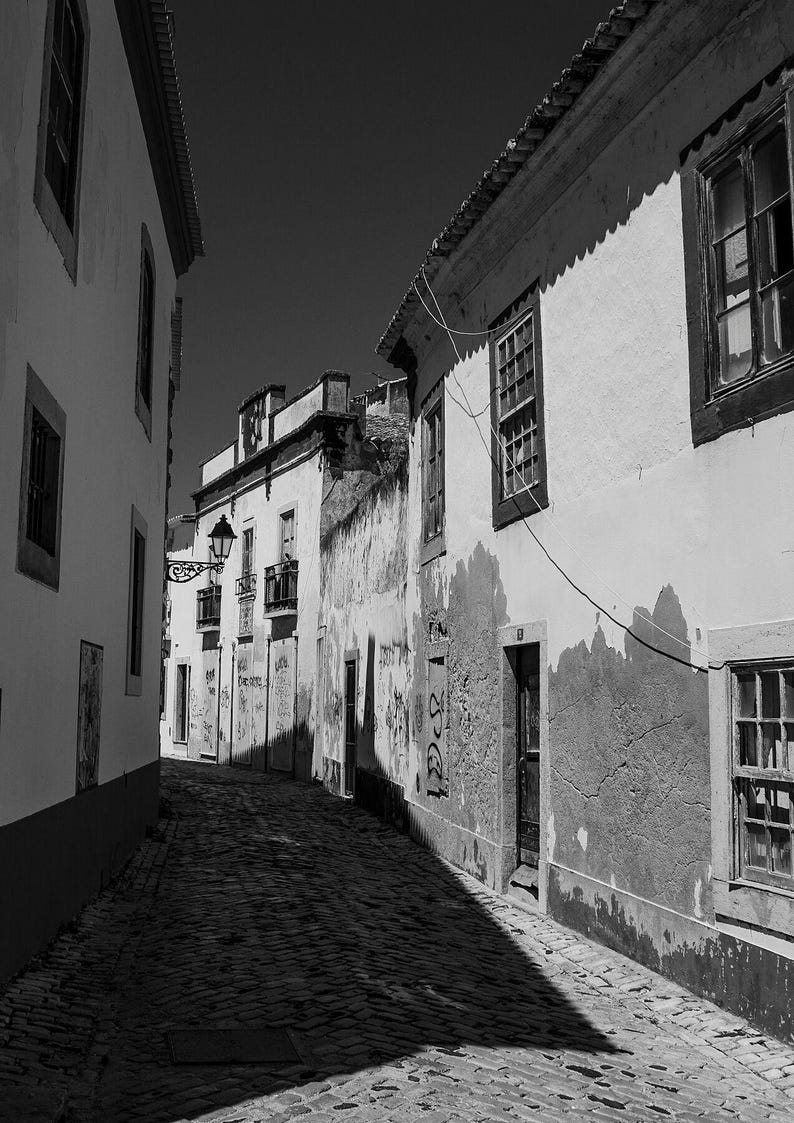 Close up detail of textured walls and cobblestones in a historic Portuguese alleyway. Vertical fine art photography print.