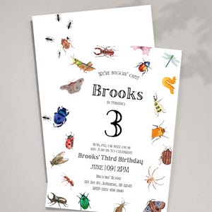 May include: White invitation card with watercolor illustrations of various insects, including a butterfly, ladybug, and dragonfly. The text reads "We're Buggin' Out!" and announces Brooks' Third Birthday, with date, time, and location.