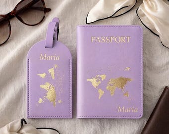 Set di portapassaporto e targhetta per bagaglio personalizzati, portapassaporto in pelle PU personalizzato, organizer da viaggio, regalo di viaggio per coppie, targhetta per valigia