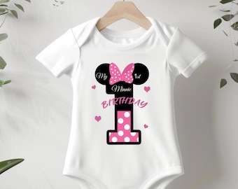 Personalized Minnie 1st Birthday Shirt, Custom Name First Birthday Outfit, Baby Girl 1 Year Old Bodysuit, Pink Polka Dot Birthday Onesie