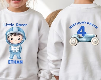 Camiseta de cumpleaños personalizada para niño con diseño de coche de carreras. Camiseta de cumpleaños con nombre personalizado para niño de 4º cumpleaños. Camiseta de cumpleaños con diseño de astronauta y coche para niño pequeño. Regalo para niño pequeño.