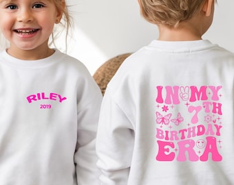Personalized Birthday Girl Sweatshirt, Custom Name Kids Birthday Shirt, Front Name Back Birthday Design, Toddler Girl Birthday Outfit