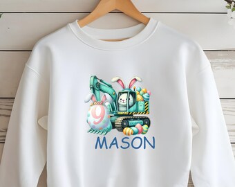 Personalized Easter Excavator Sweatshirt, Bunny Construction Shirt, Custom Name Kids Shirt, Boys Easter Outfit, Easter Egg Digge
