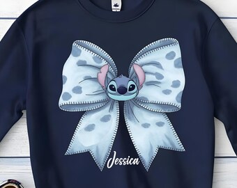 Personalized Stitch Bow Sweatshirt, Custom Name Kids Crewneck, Cozy Cartoon Bow Shirt, Girls Personalized Sweatshirt, Birthday Gift for Girl