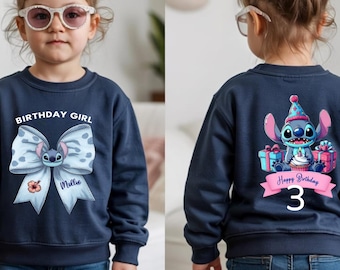 Personalized Birthday Girl Stitch Sweatshirt, Custom Name Kids Birthday Shirt, Front Back Birthday Outfit, Stitch Birthday Crewneck,