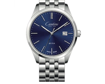 Reloj CANTINI MYRA de acero inoxidable con esfera azul, fabricado en Suiza.