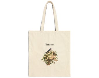 Personalized Swallow Jasmine Tote Bag, Custom Name Bird and Mailbox Gift, Natural Cotton Canvas