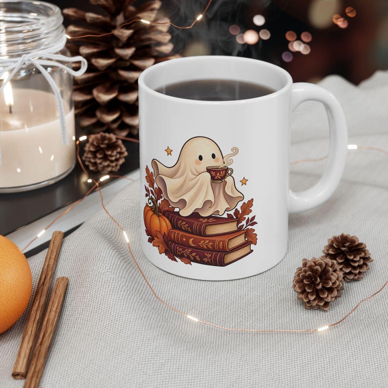 Reading Ghost Mug, Halloween Book Lover Gift, White Ceramic, 11oz or 15oz immagine 5