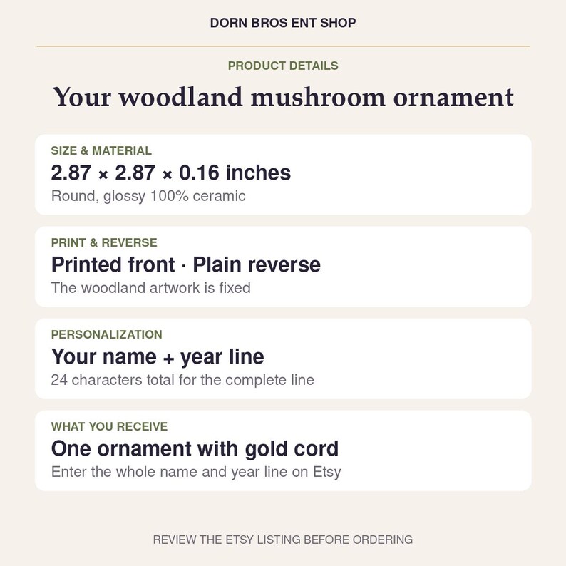 May include: A round, glossy ceramic woodland mushroom ornament measuring 2.87 x 2.87 x 0.16 inches. The front features printed artwork, while the reverse is plain. It includes a gold cord and allows for a 24-character name and year line.