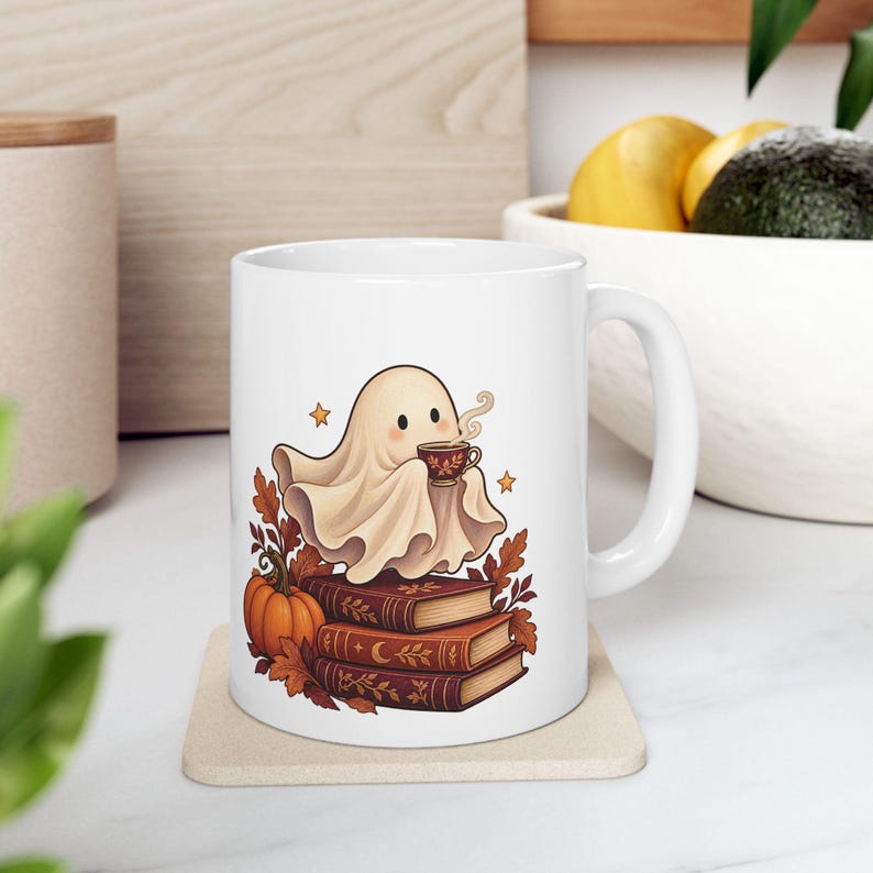 Reading Ghost Mug, Halloween Book Lover Gift, White Ceramic, 11oz or 15oz immagine 9