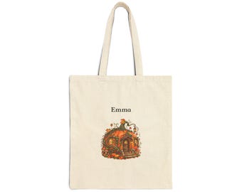 Personalized Pumpkin Reading Cottage Tote Bag, Custom Name Book Lover Gift, Natural Cotton Canvas