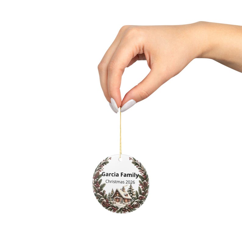 Personalized Family Christmas Ornament 2026, Snowy Cottage Ceramic Keepsake image 2