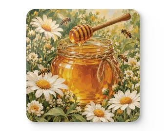 May include: A square coaster featuring a glass jar filled with golden honey and a wooden honey dipper resting inside. The jar is tied with twine and surrounded by white daisy flowers and several flying honey bees in a garden setting.