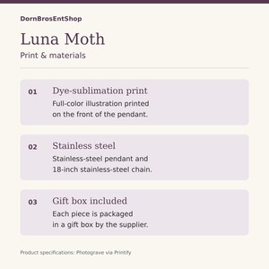 Luna Moth och halvmånehalsband, lila botaniskt rostfritt stålhänge bild 2
