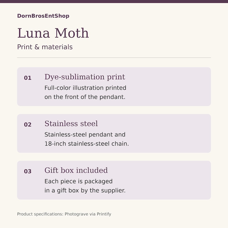 Luna Moth och halvmånehalsband, lila botaniskt rostfritt stålhänge bild 2