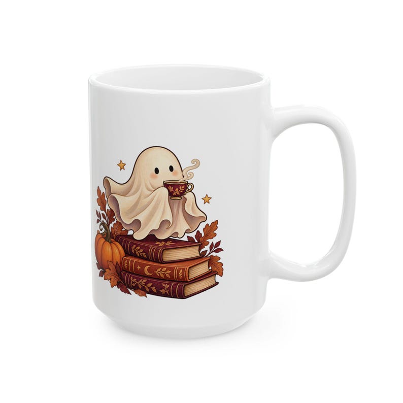 Reading Ghost Mug, Halloween Book Lover Gift, White Ceramic, 11oz or 15oz immagine 4