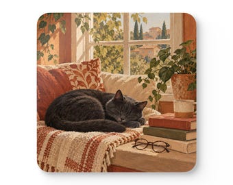 Puede incluir: Un posavasos cuadrado con la ilustración de un gato gris oscuro durmiendo enroscado sobre una manta color crema con rayas rojas. Junto al gato hay tres libros apilados, una taza moteada y unas gafas redondas cerca de una ventana.