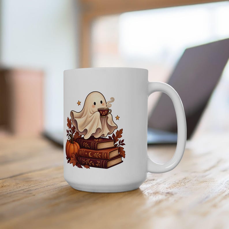 Reading Ghost Mug, Halloween Book Lover Gift, White Ceramic, 11oz or 15oz immagine 6