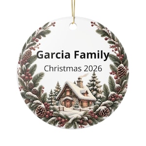 Personalized Family Christmas Ornament 2026, Snowy Cottage Ceramic Keepsake image 1
