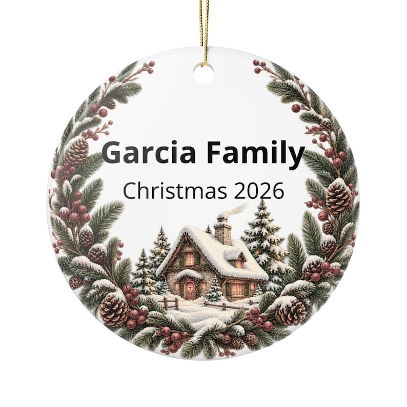 Personalized Family Christmas Ornament 2026, Snowy Cottage Ceramic Keepsake image 1