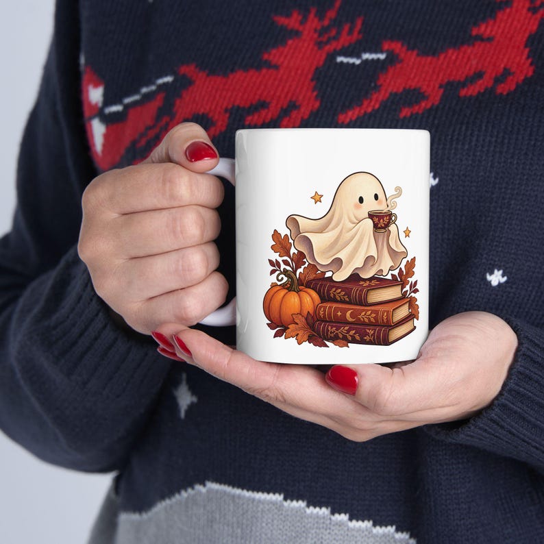 Reading Ghost Mug, Halloween Book Lover Gift, White Ceramic, 11oz or 15oz immagine 13