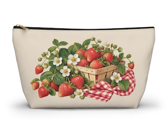 Nécessaire com zíper Strawberry Picnic, estampa floral xadrez vichy, tamanho pequeno ou grande.