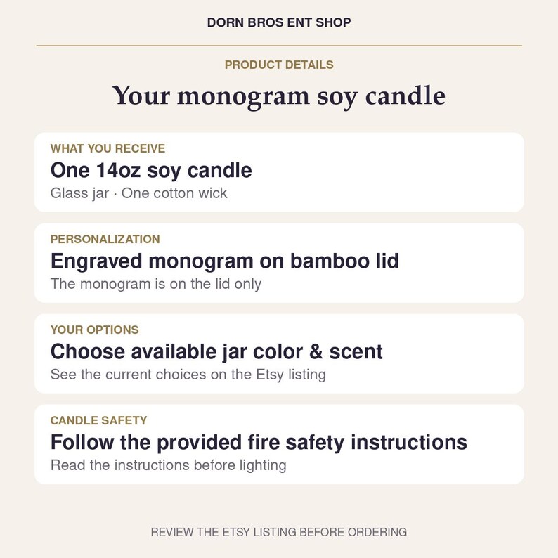 Puede incluir: Un gr&aacute;fico informativo para una vela de soja de 14oz de DORN BROS ENT SHOP. Enumera detalles del producto, incluyendo un frasco de vidrio, una mecha de algod&oacute;n y un monograma grabado en una tapa de bamb&uacute;, adem&aacute;s de opciones de color y aroma.