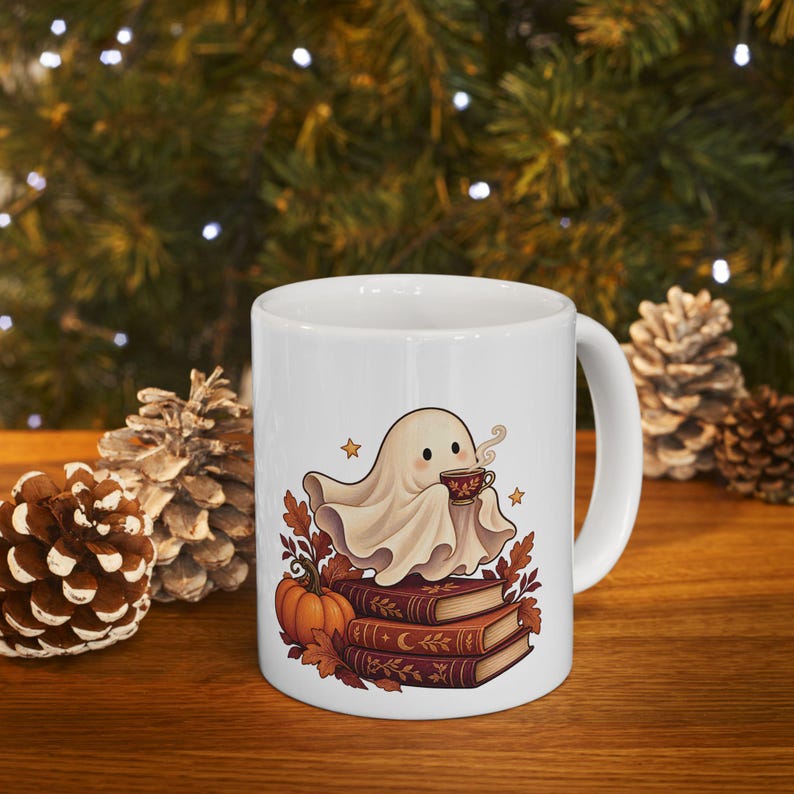 Reading Ghost Mug, Halloween Book Lover Gift, White Ceramic, 11oz or 15oz immagine 11