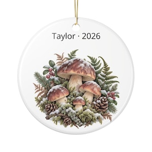 Personalized Woodland Mushroom Christmas Ornament, Name and Year, Round Ceramic Forest Keepsake image 1