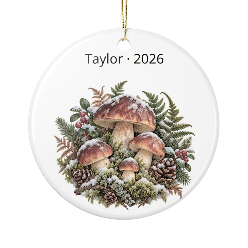 Personalized Woodland Mushroom Christmas Ornament, Name and Year, Round Ceramic Forest Keepsake image 1