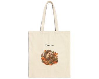Personalized Hedgehog Chess Tote Bag, Custom Name Woodland Chess Player Gift, Natural Cotton Canvas