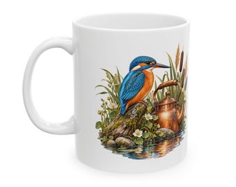 Kingfisher Copper Kettle Ceramic Mug, Original Nature Illustration, White Coffee Cup 11oz or 15oz