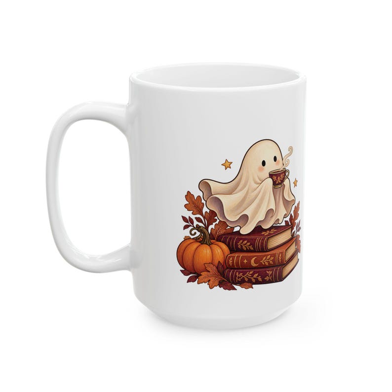 Reading Ghost Mug, Halloween Book Lover Gift, White Ceramic, 11oz or 15oz immagine 2