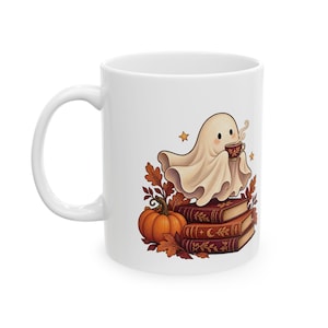 Reading Ghost Mug, Halloween Book Lover Gift, White Ceramic, 11oz or 15oz immagine 1