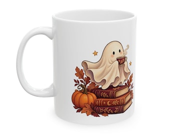 Reading Ghost Mug, Halloween Book Lover Gift, White Ceramic, 11oz or 15oz