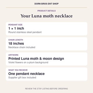 Luna Moth och halvmånehalsband, lila botaniskt rostfritt stålhänge bild 3