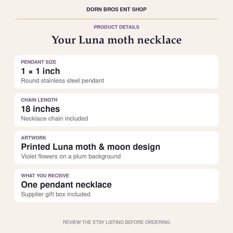 Luna Moth och halvmånehalsband, lila botaniskt rostfritt stålhänge bild 3
