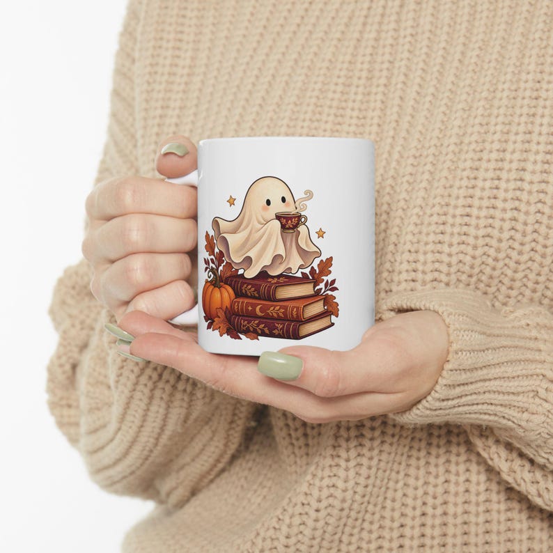 Reading Ghost Mug, Halloween Book Lover Gift, White Ceramic, 11oz or 15oz immagine 12