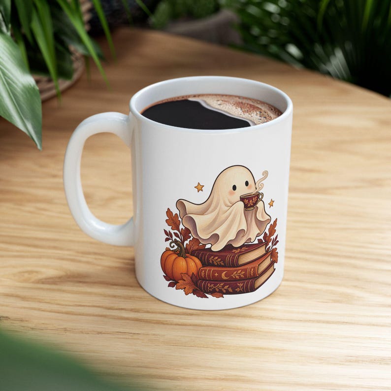 Reading Ghost Mug, Halloween Book Lover Gift, White Ceramic, 11oz or 15oz immagine 10