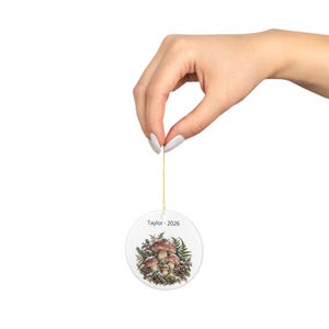 Personalized Woodland Mushroom Christmas Ornament, Name and Year, Round Ceramic Forest Keepsake image 2