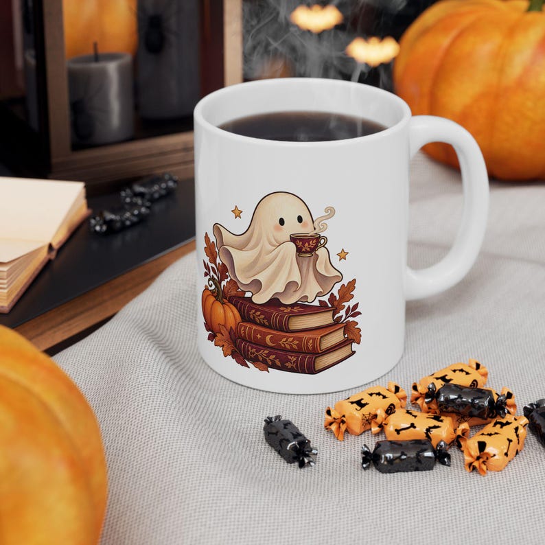 Reading Ghost Mug, Halloween Book Lover Gift, White Ceramic, 11oz or 15oz immagine 8