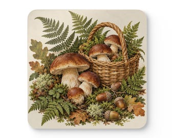 May include: A square coaster featuring a detailed illustration of brown mushrooms, a woven wicker basket, green fern fronds, oak leaves, and brown acorns. The composition is set against a light cream background with natural forest elements.