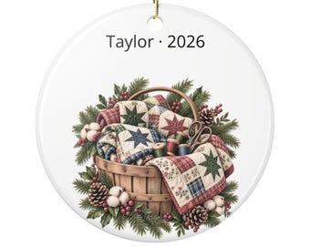 Cesta de Natal personalizada para patchwork, com nome e ano, lembrança redonda de cerâmica para quilteiras.