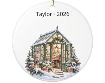 Enfeite de Natal personalizado para estufa de jardim, com nome e ano, lembrança redonda de cerâmica para jardineiros.