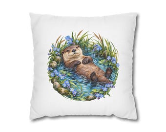 Capa de almofada River Otter, flores Não-me-esqueças, design de floresta (35,5 cm)