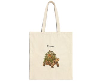 Personalized Tortoise Greenhouse Tote Bag, Custom Name Mushroom Woodland Gift, Natural Cotton Canvas