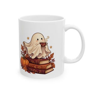 Reading Ghost Mug, Halloween Book Lover Gift, White Ceramic, 11oz or 15oz immagine 3